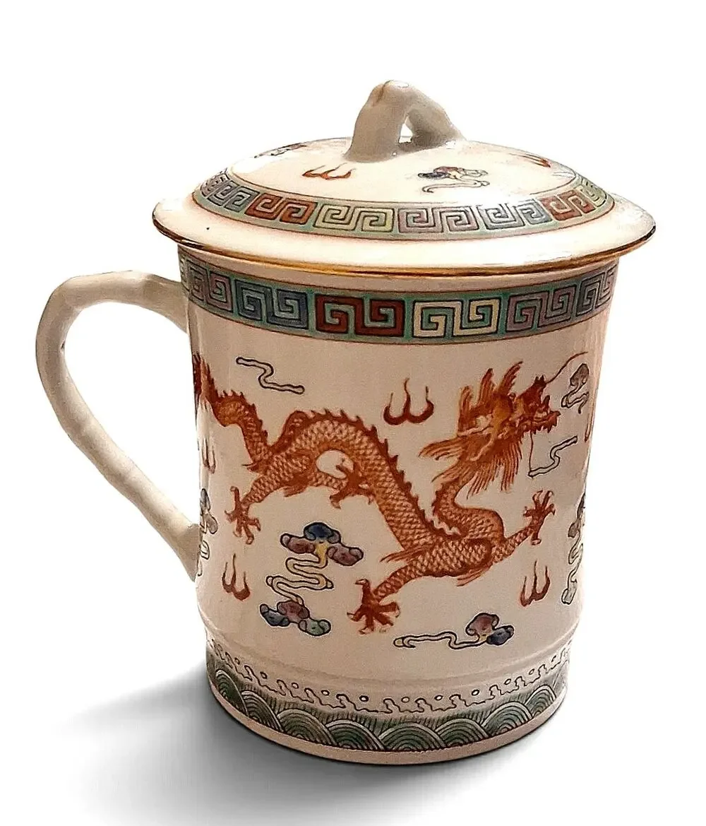 Vintage Chinese Mug with Lid Famille Rose Dragon Cup